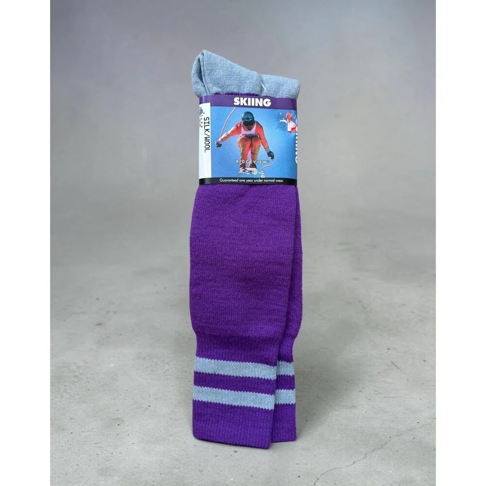 Vtg Ridgeview Silk Wool Blend Skiing Socks Purple Silver Size 8.5-11 USA  NEW!